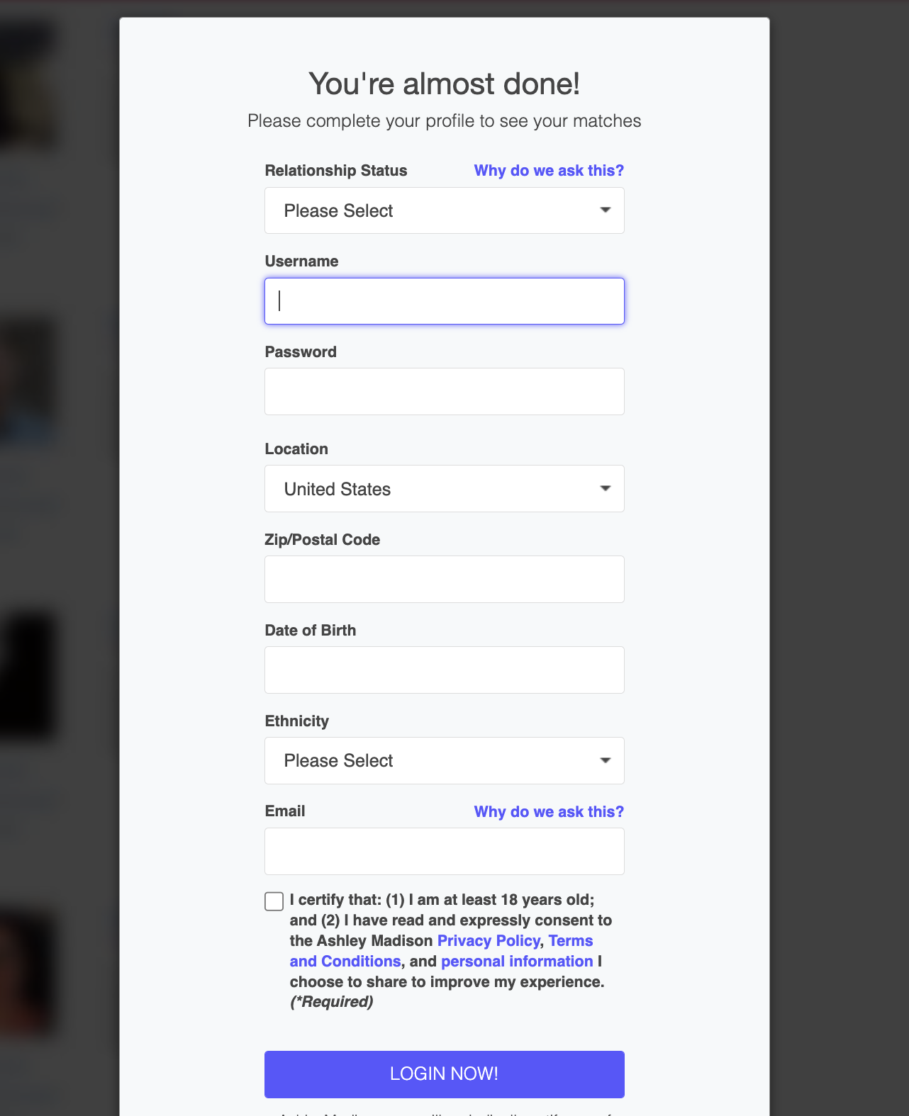 Signing up at Ashley Madison