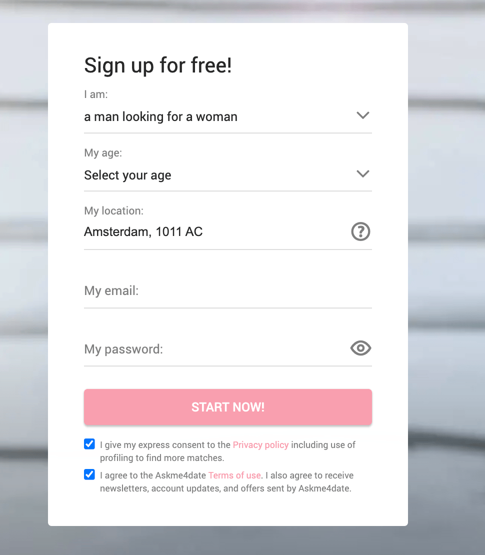 Signing up at AskMe4Date
