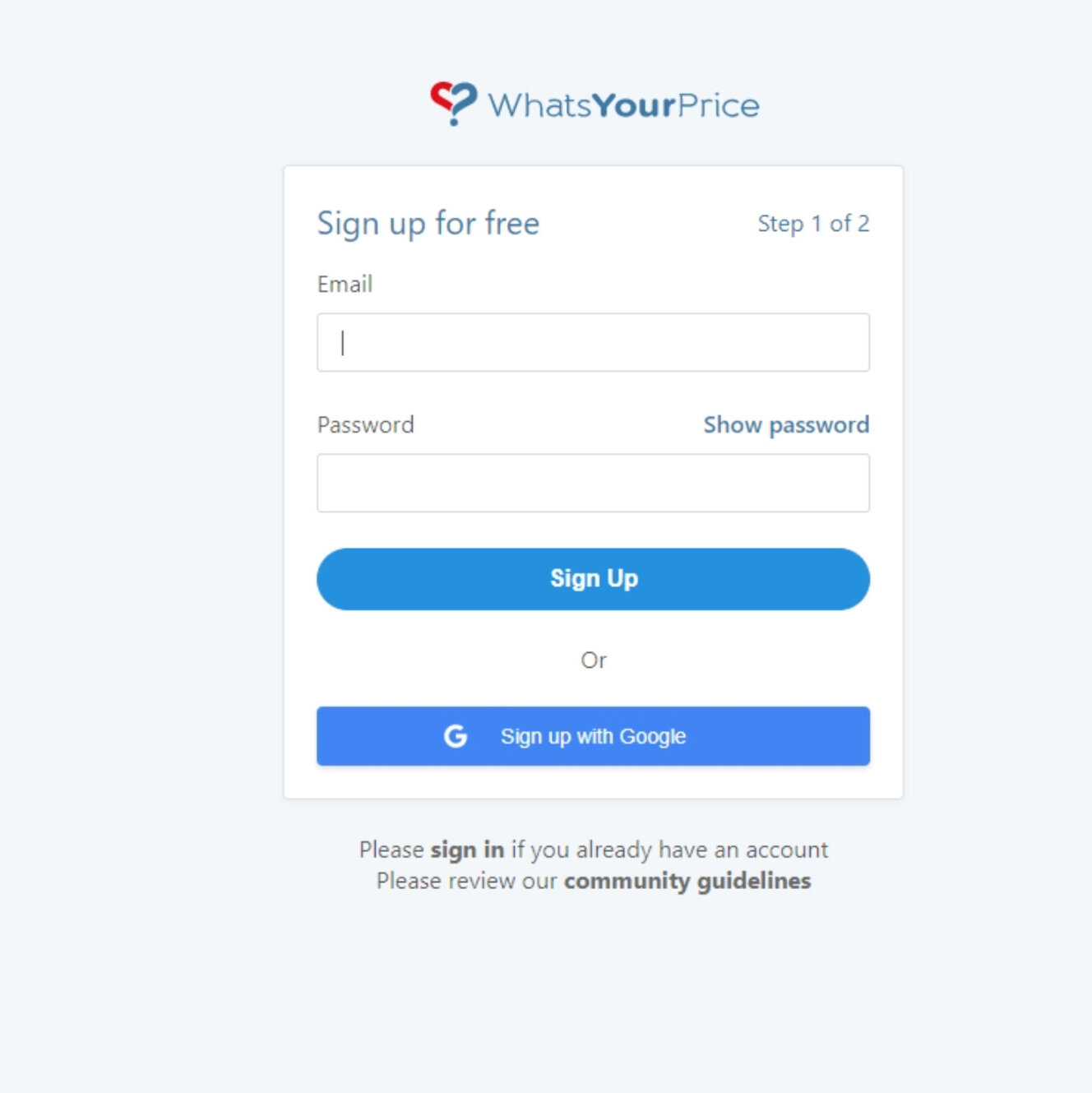 Signing up for What's Your Price