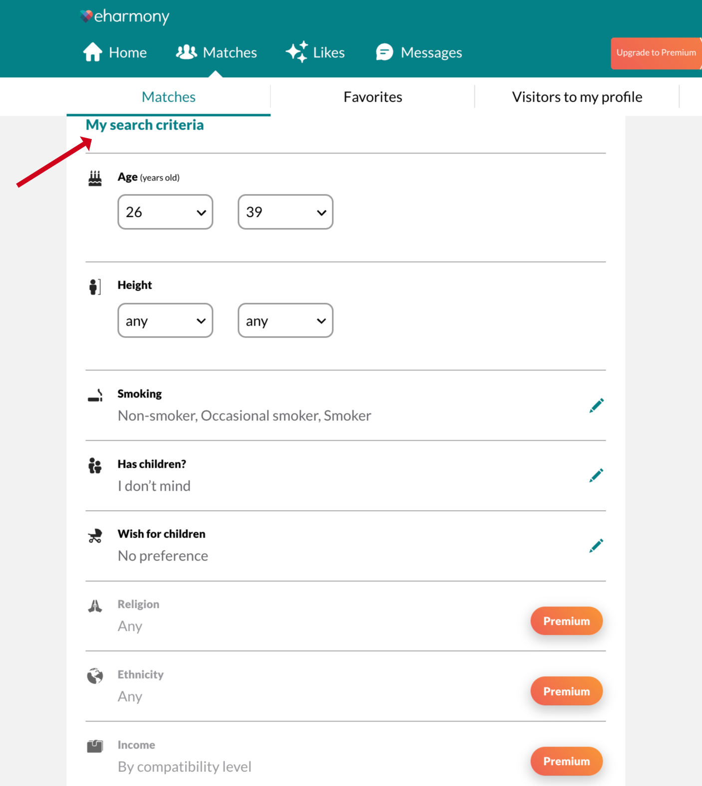 search filters of eHarmony