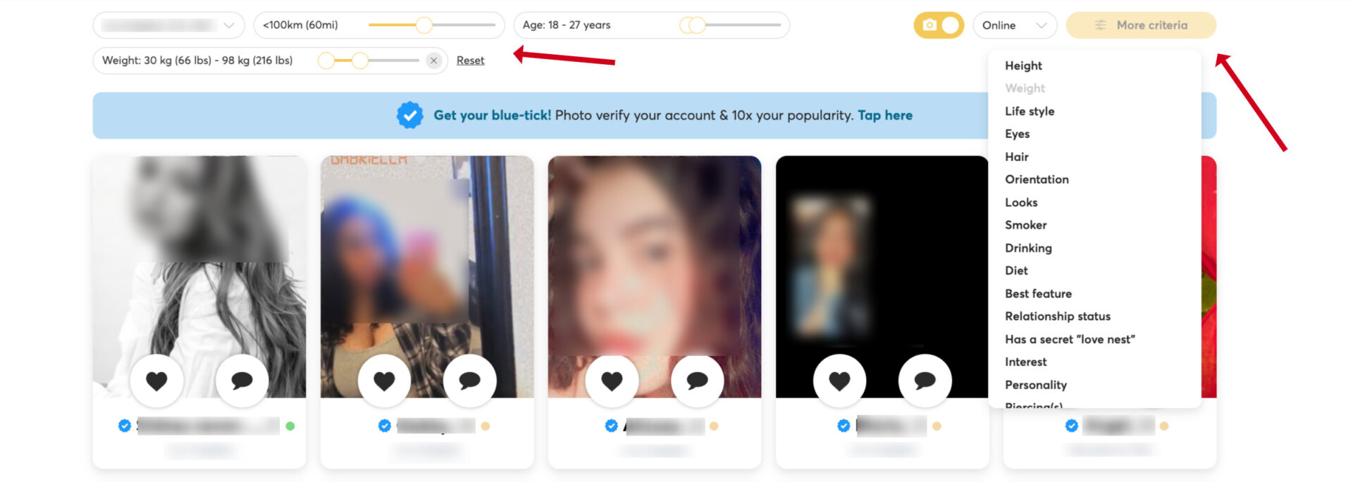 Advanced search filters on RichMeetBeautiful