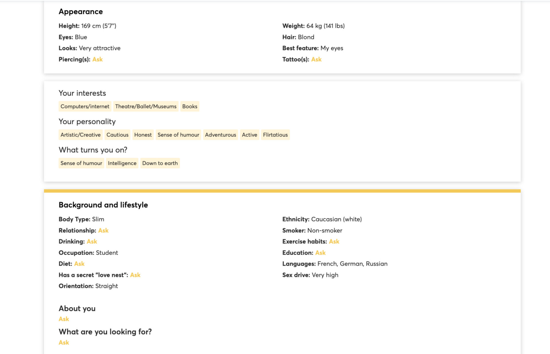 Profile information on RichMeetBeautiful