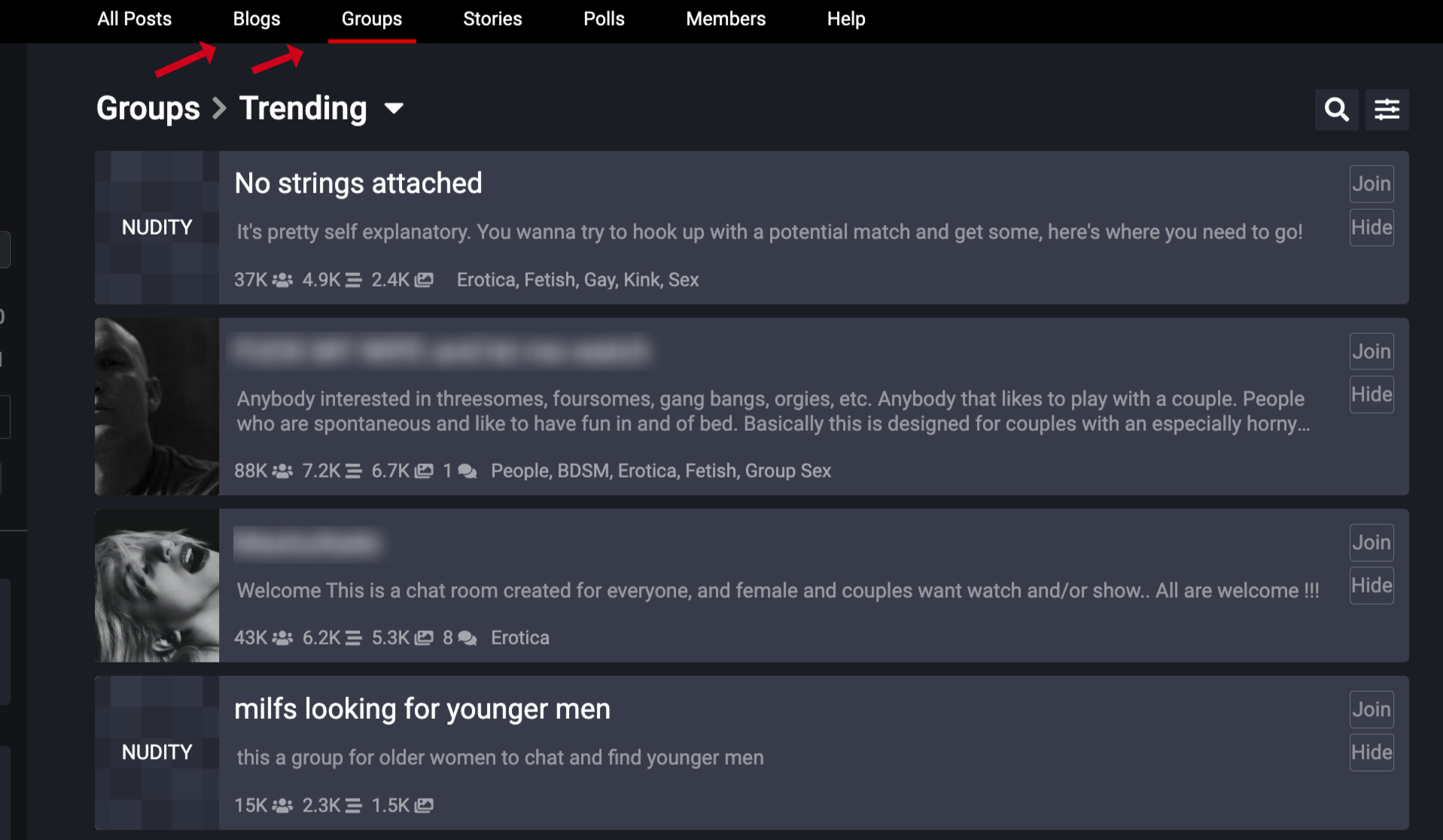 content in blogs and groups