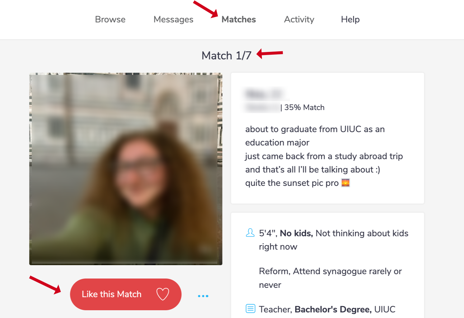 Matches section on JDate