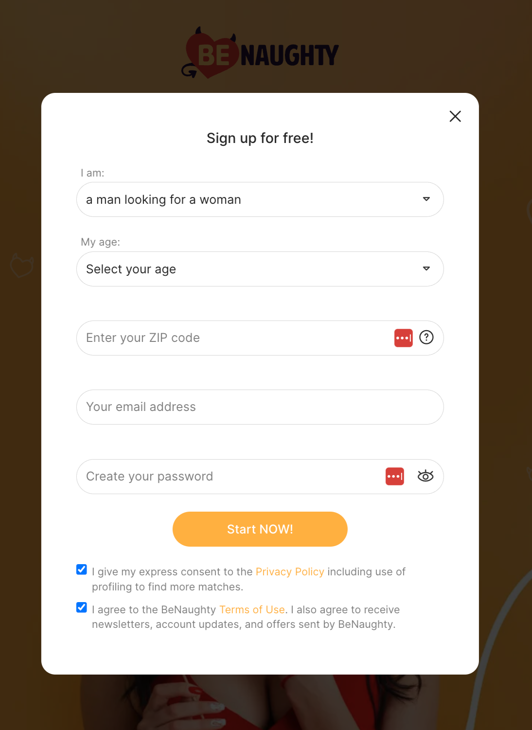 Signing up at BeNaughty