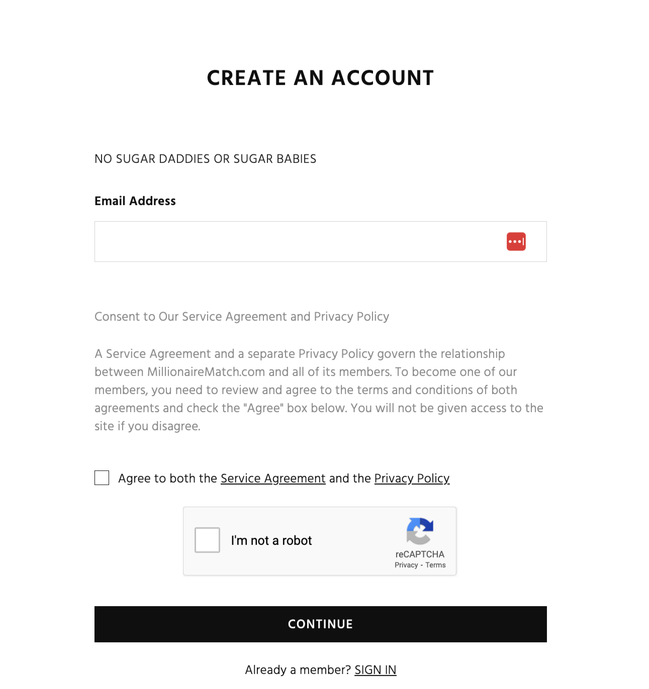 Signing up at MillionaireMatch