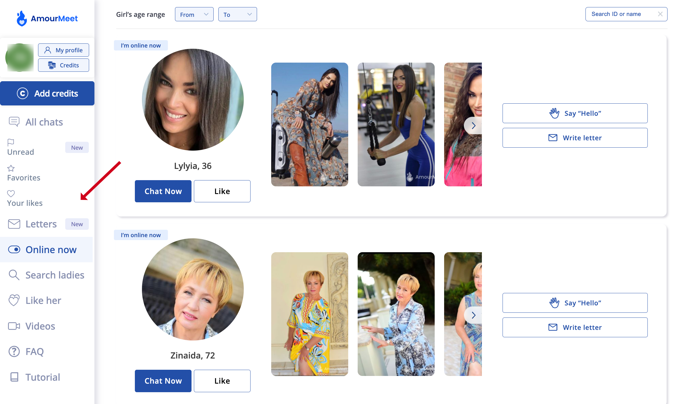 User interface of AmourMeet