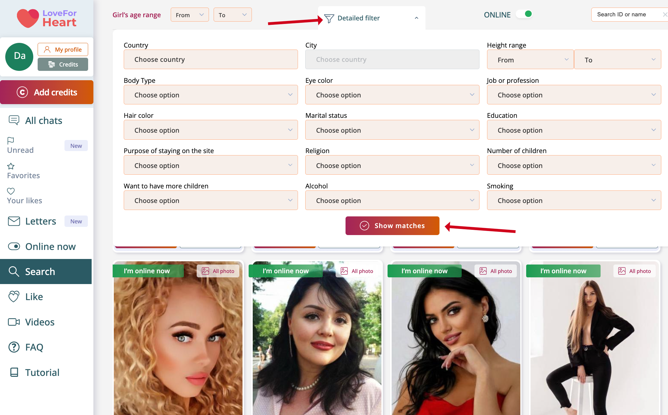 search options on LoveForHeart