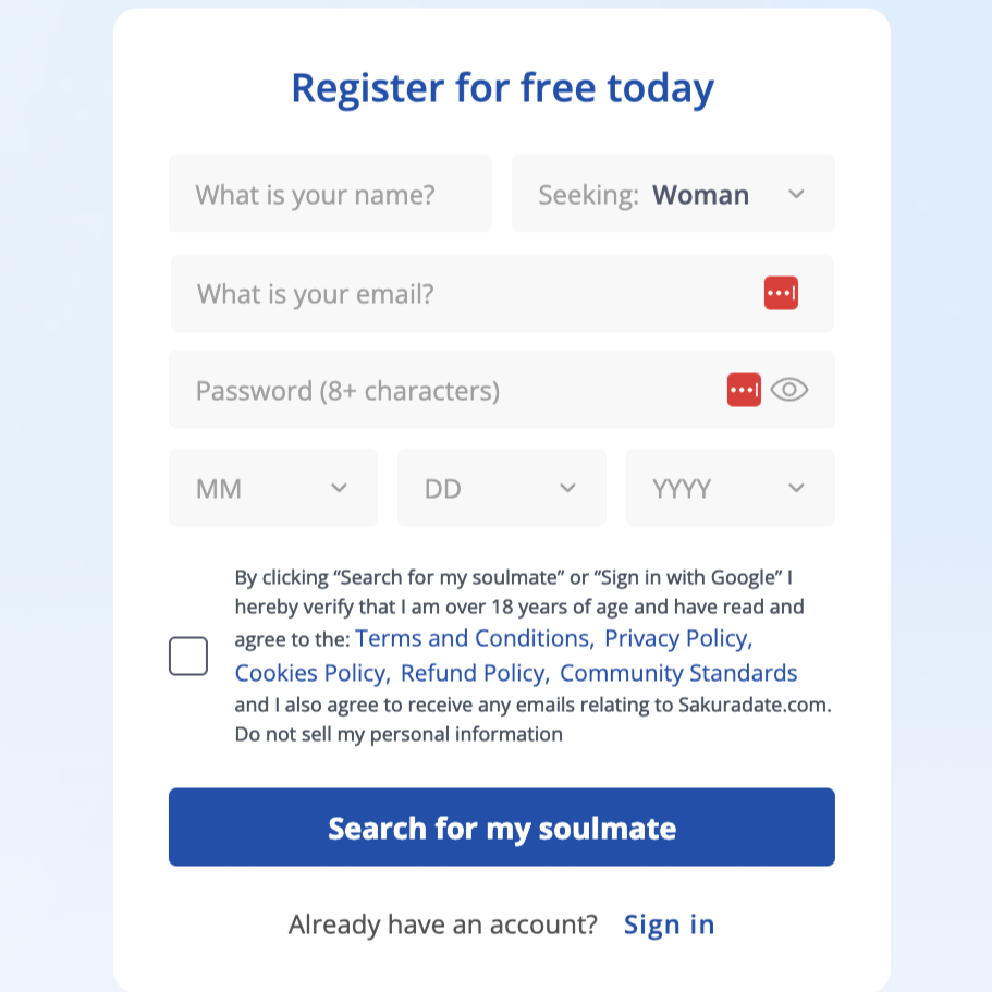 Signing up for SakuraDate