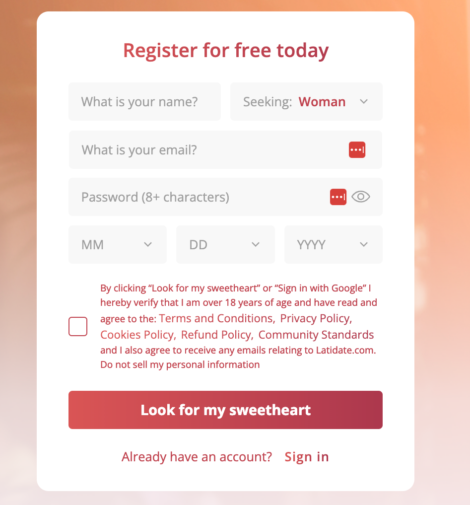 Signing up at LatiDate