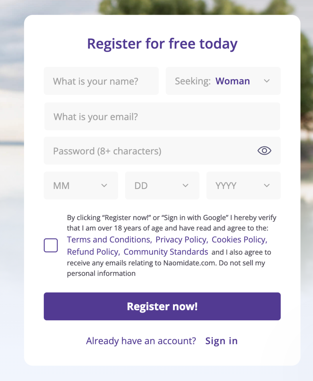 Signing up at NaomiDate