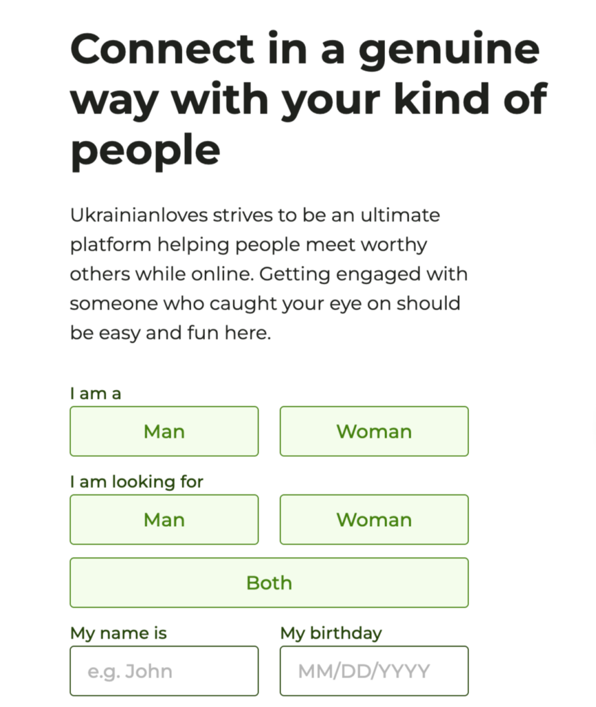 Signing up at UkrainianLoves