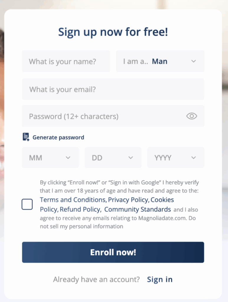 Signing up at MagnoliaDate